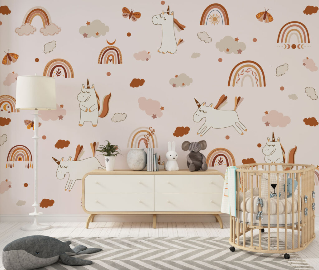Rainbow Unicorn Wallpaper : Kids Pastel Clouds Pattern - View 4