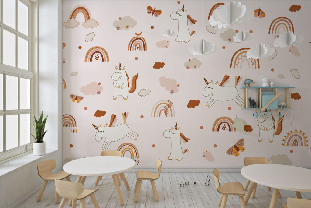 Rainbow Unicorn Wallpaper : Kids Pastel Clouds Pattern - View 5