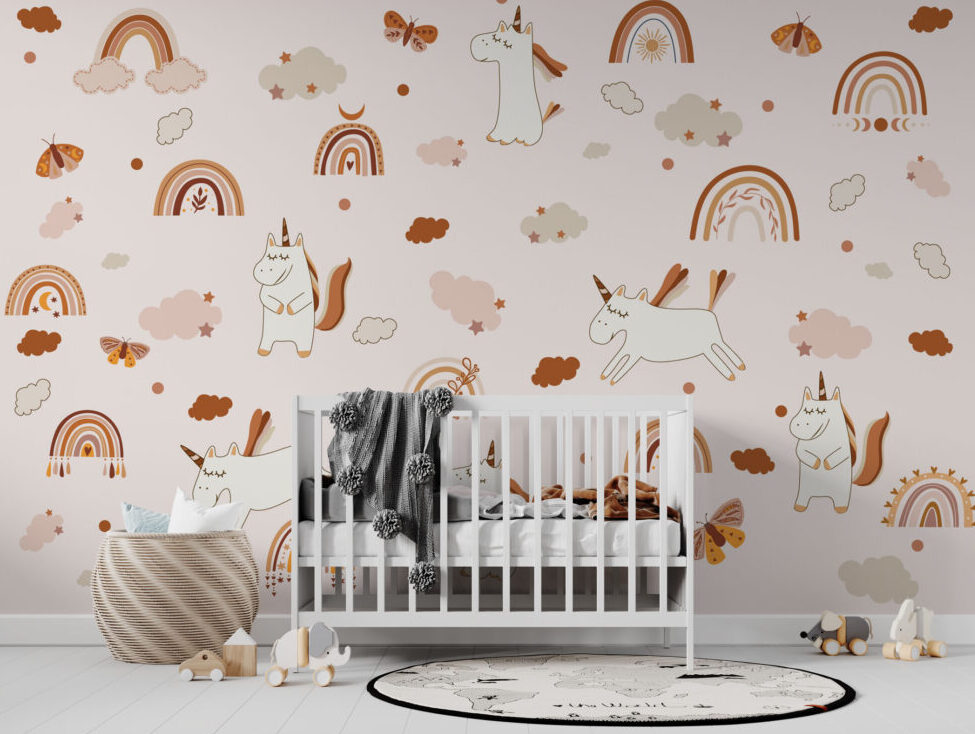 Rainbow Unicorn Wallpaper : Kids Pastel Clouds Pattern