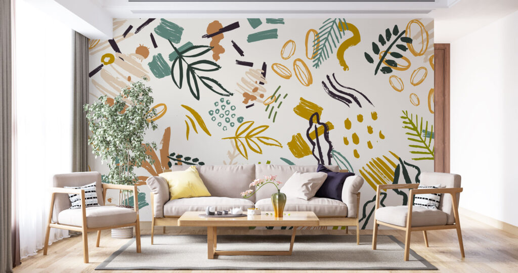 Mustard Doodle Wallpaper : Abstract Leaf and Shape Mural - View 5