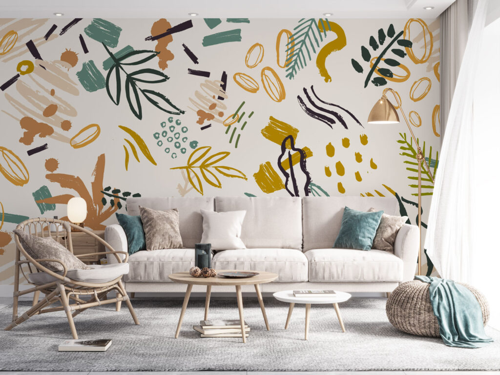 Mustard Doodle Wallpaper : Abstract Leaf and Shape Mural - View 4