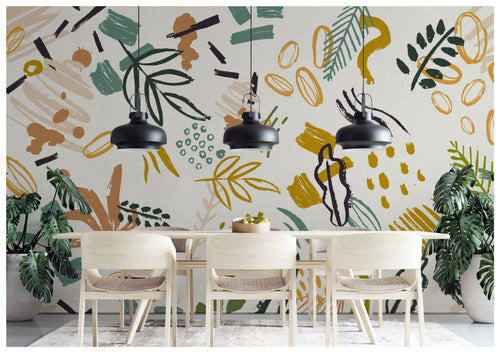 Mustard Doodle Wallpaper : Abstract Leaf and Shape Mural