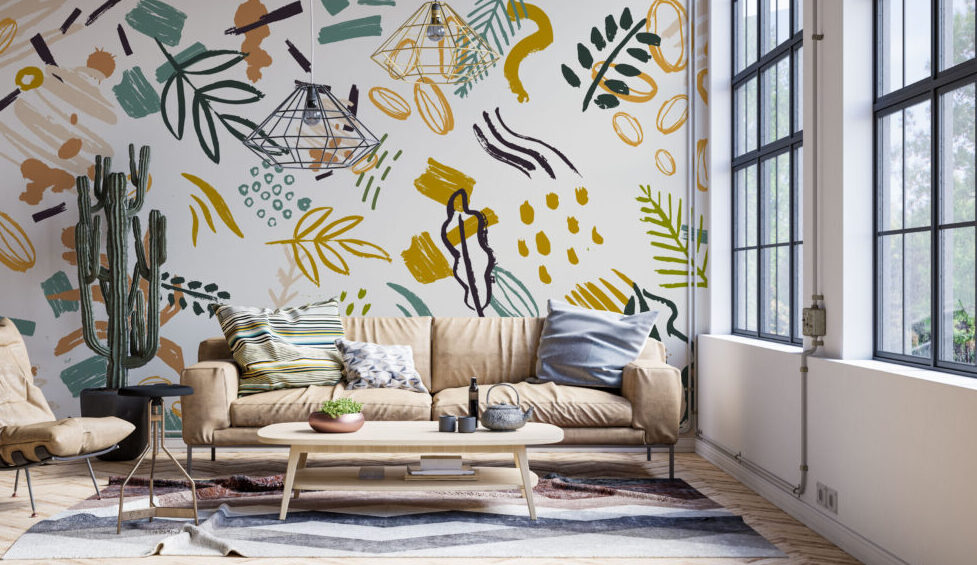 Mustard Doodle Wallpaper : Abstract Leaf and Shape Mural - View 3