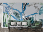 Blue Parrot Jungle Wallpaper : Graphic Leopard Print Tropical Mural - View 3