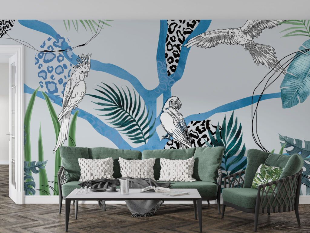 Blue Parrot Jungle Wallpaper : Graphic Leopard Print Tropical Mural - View 3
