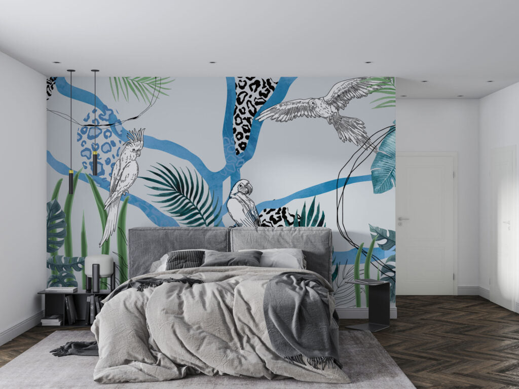 Blue Parrot Jungle Wallpaper : Graphic Leopard Print Tropical Mural - View 5