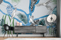 Blue Parrot Jungle Wallpaper : Graphic Leopard Print Tropical Mural