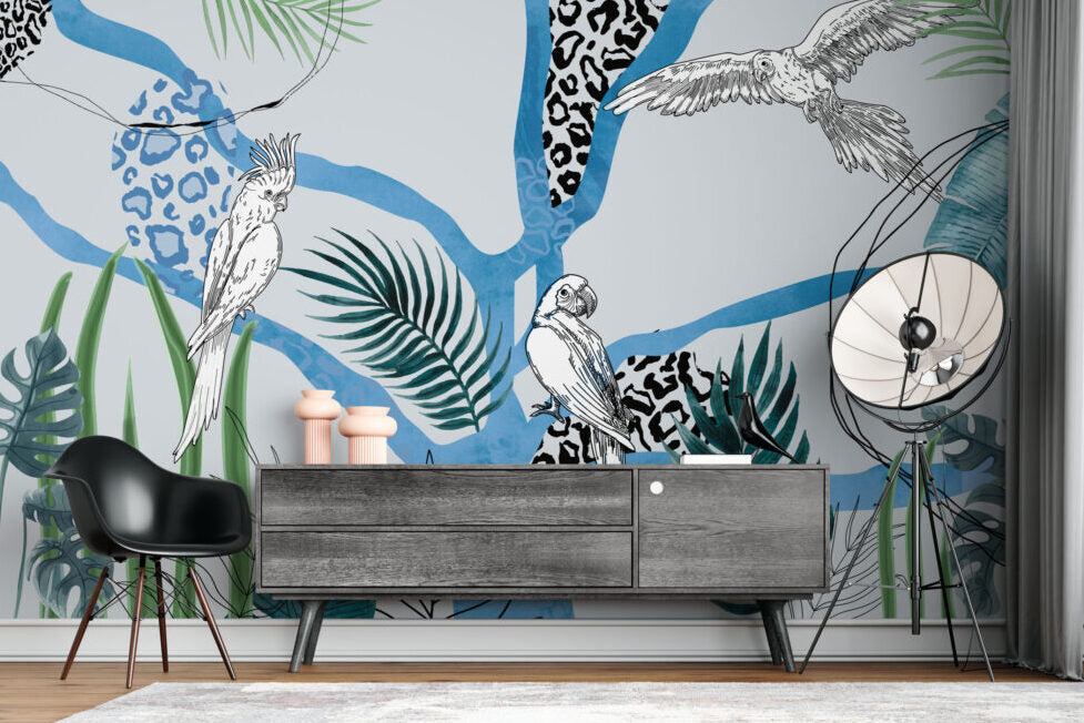 Blue Parrot Jungle Wallpaper : Graphic Leopard Print Tropical Mural