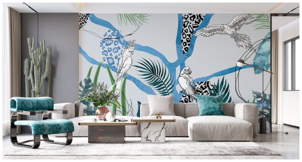 Blue Parrot Jungle Wallpaper : Graphic Leopard Print Tropical Mural - View 4