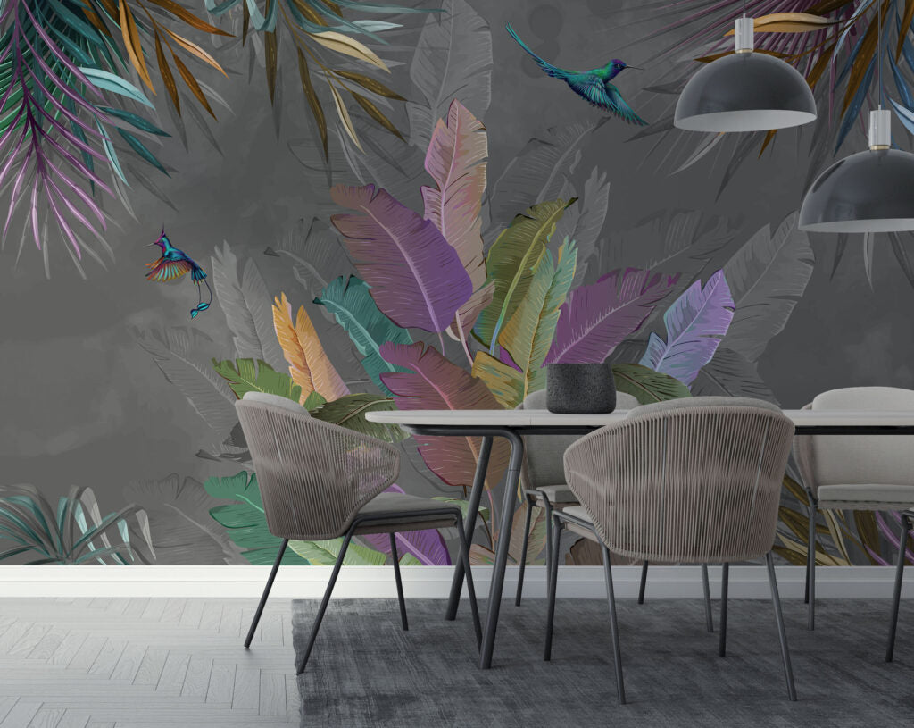 Purple Banana Leaf Wallpaper : Multicolor Tropical Mural - View 4