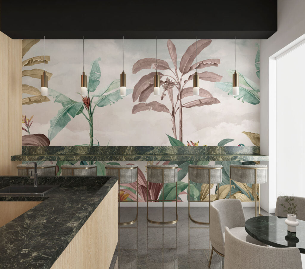 Mauve Banana Tree Wallpaper : Soft Tropical Bird Mural - View 5