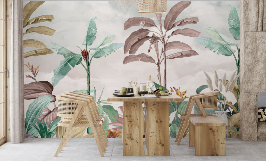 Mauve Banana Tree Wallpaper : Soft Tropical Bird Mural - View 3
