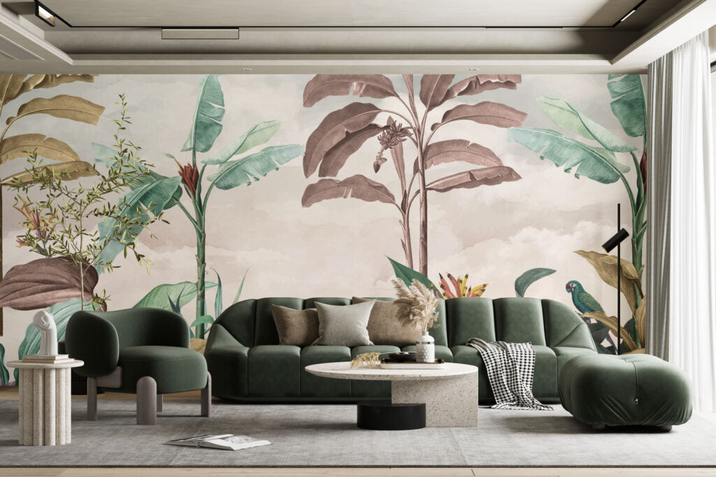 Mauve Banana Tree Wallpaper : Soft Tropical Bird Mural - View 6