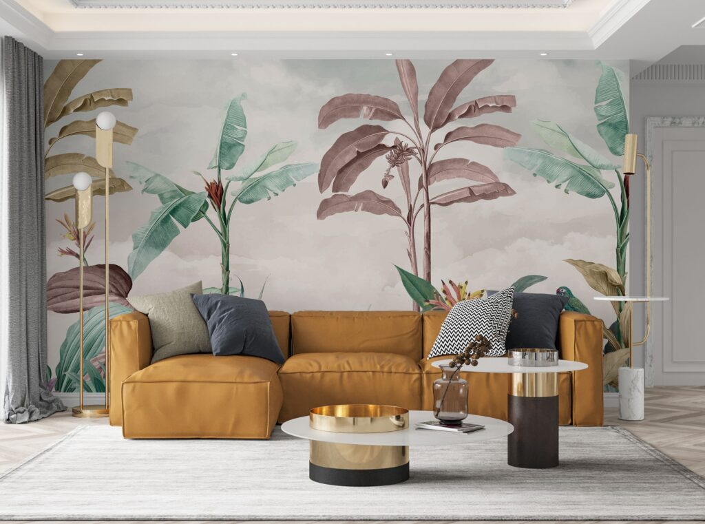 Mauve Banana Tree Wallpaper : Soft Tropical Bird Mural