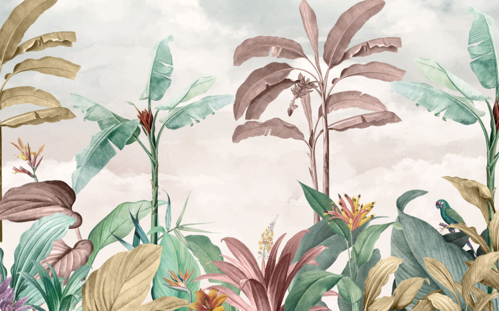 Mauve Banana Tree Wallpaper : Soft Tropical Bird Mural - View 2