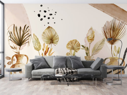 Golden Palm Leaves Wallpaper : Dried Botanical Mural