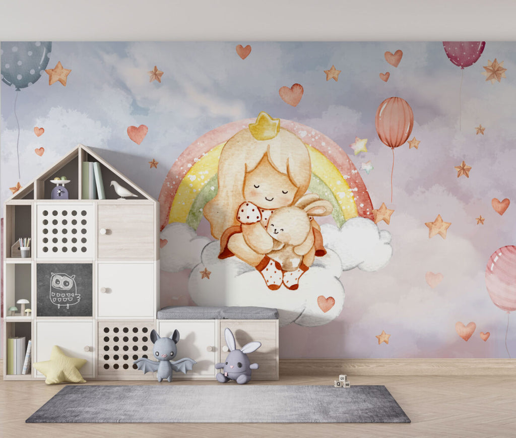 Rainbow Princess Wallpaper : Watercolor Girl And Bunny Cloud Mural