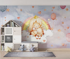 Rainbow Princess Wallpaper : Watercolor Girl And Bunny Cloud Mural