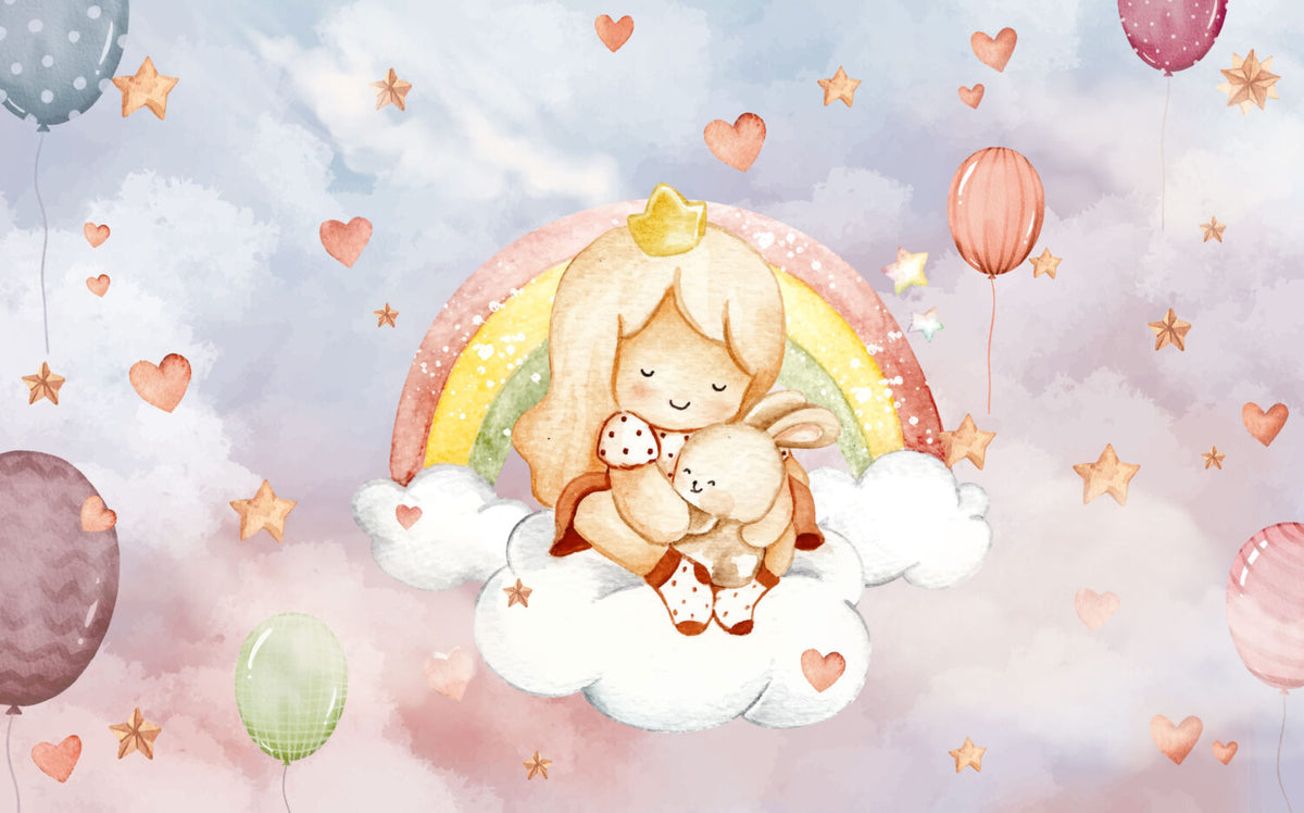 Rainbow Princess Wallpaper : Watercolor Girl And Bunny Cloud Mural - flat design