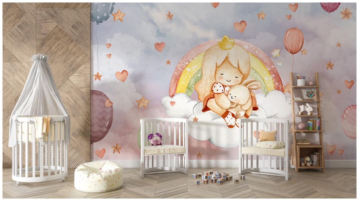 Rainbow Princess Wallpaper : Watercolor Girl And Bunny Cloud Mural - View 2
