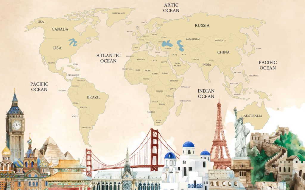 Yellow World Map Wallpaper : Countries Atlas Mural - View 2