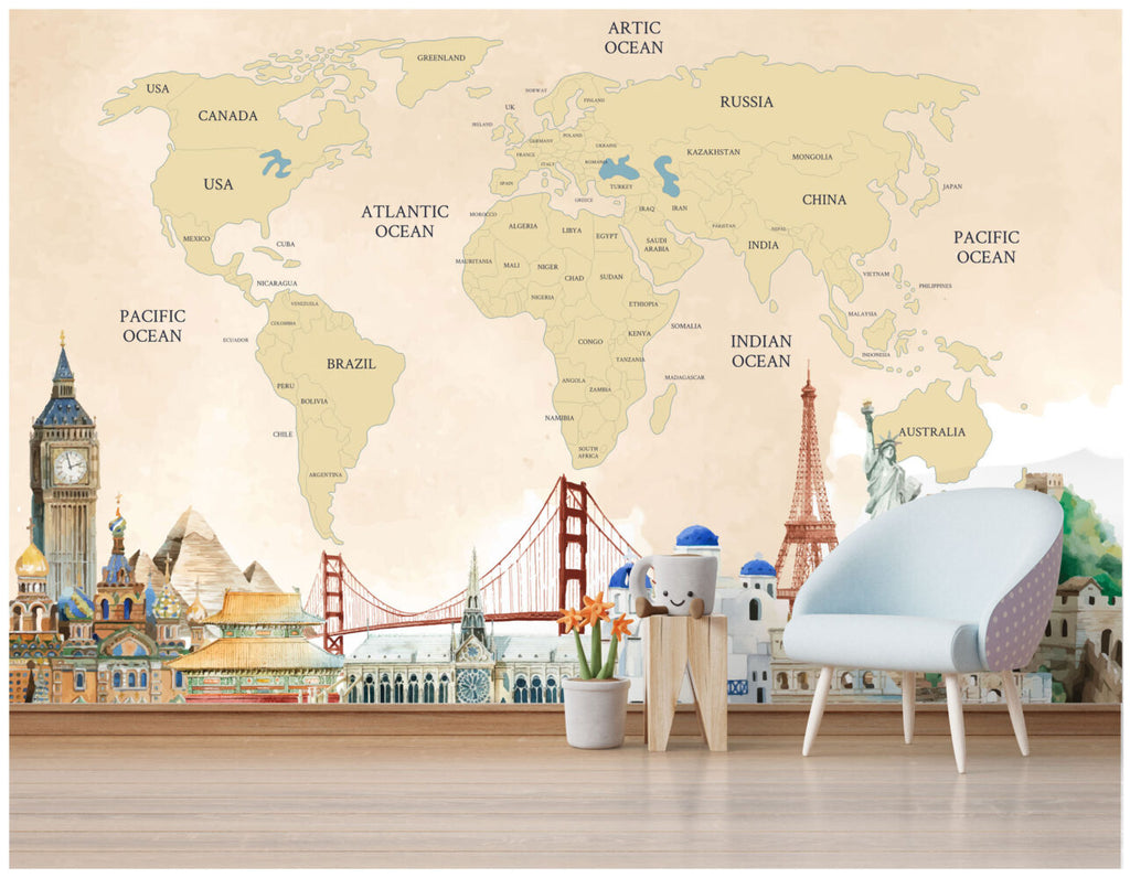 Yellow World Map Wallpaper : Countries Atlas Mural - View 3