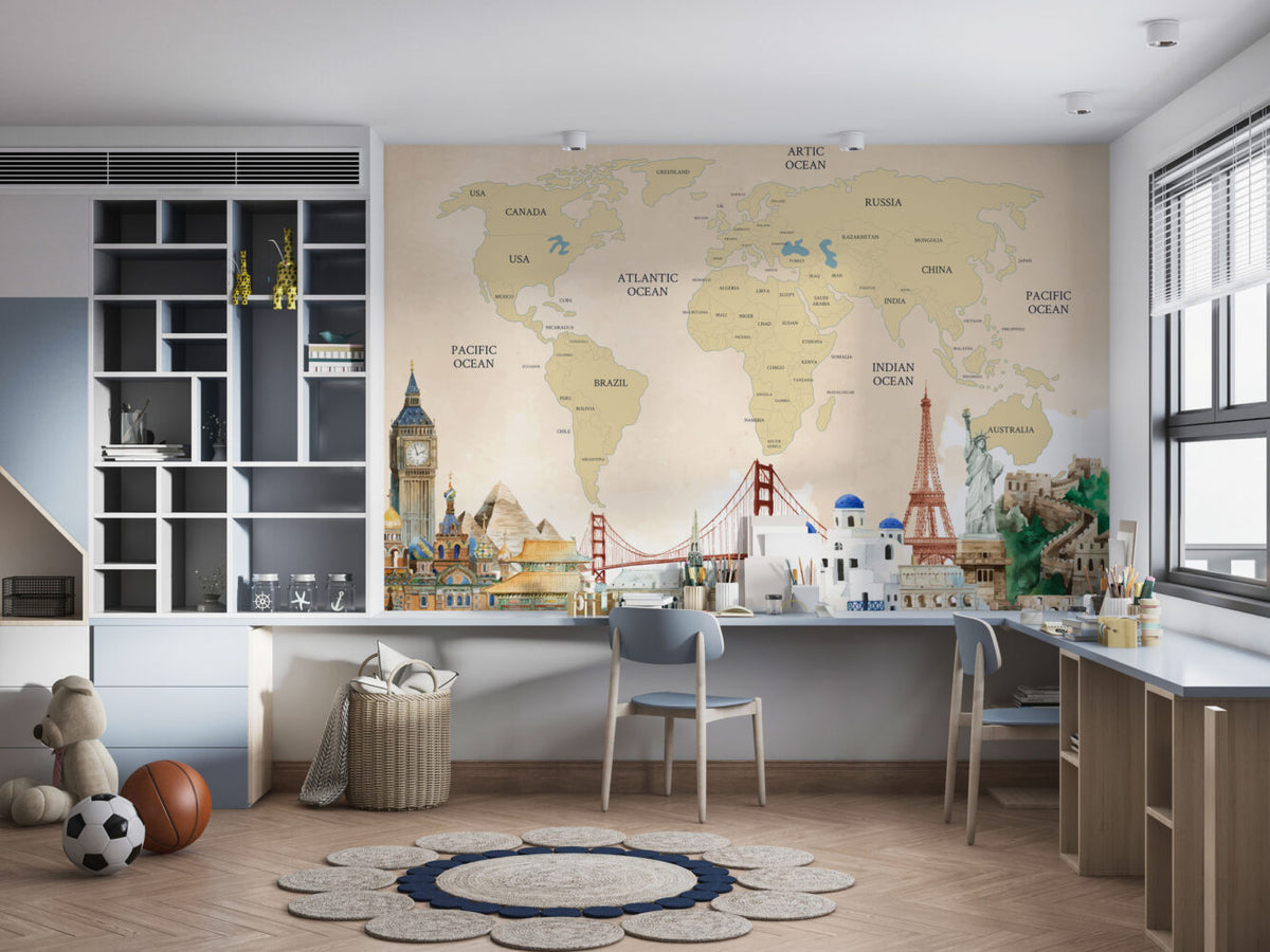 Yellow World Map Wallpaper : Countries Atlas Mural - View 4