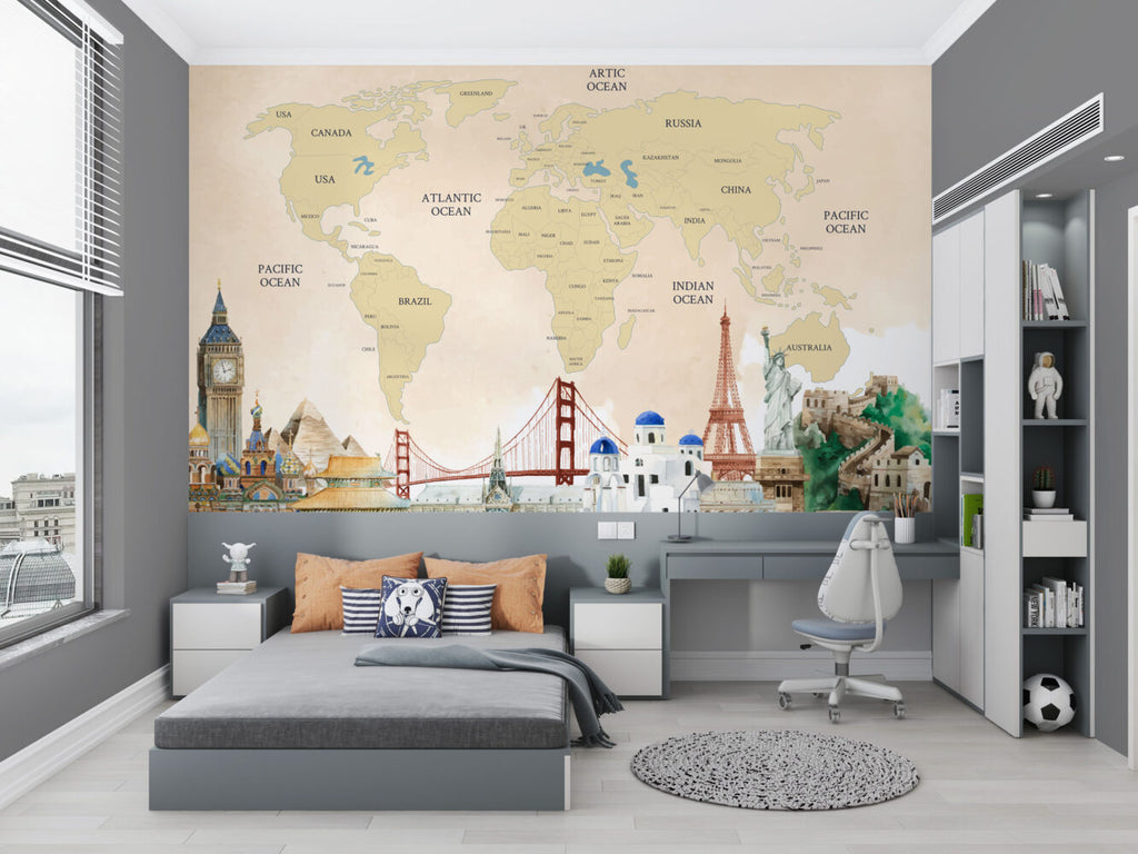 Yellow World Map Wallpaper : Countries Atlas Mural - View 5