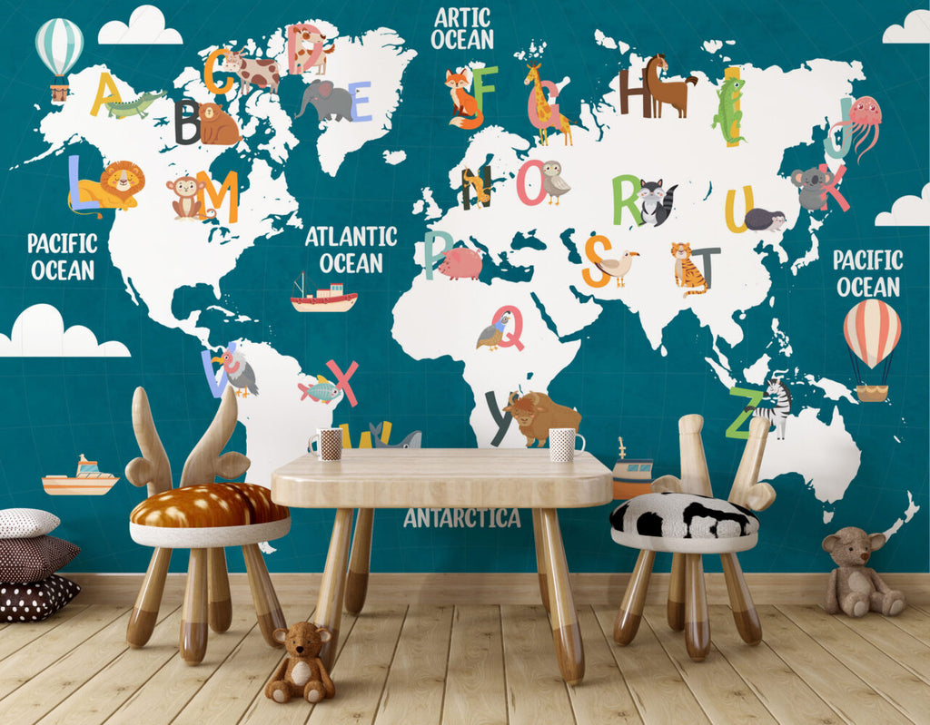 Teal Alphabet World Map Wallpaper : Kids ABC Animal Map Mural