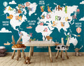 Teal Alphabet World Map Wallpaper : Kids ABC Animal Map Mural