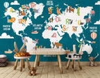 Teal Alphabet World Map Wallpaper : Kids ABC Animal Map Mural