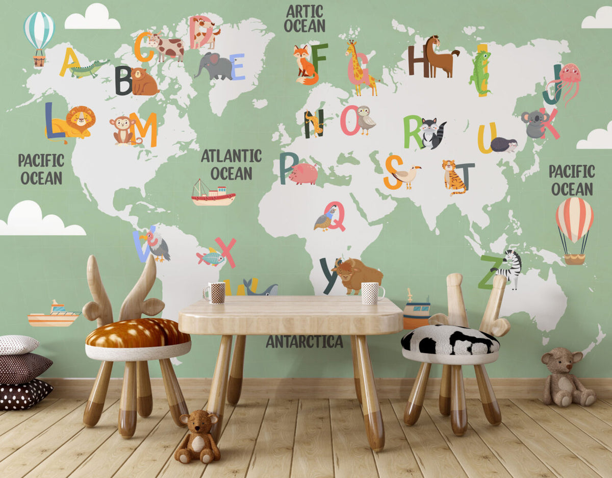 Green Alphabet World Map Wallpaper : Kids ABC Animal Map Mural Sage - View 5