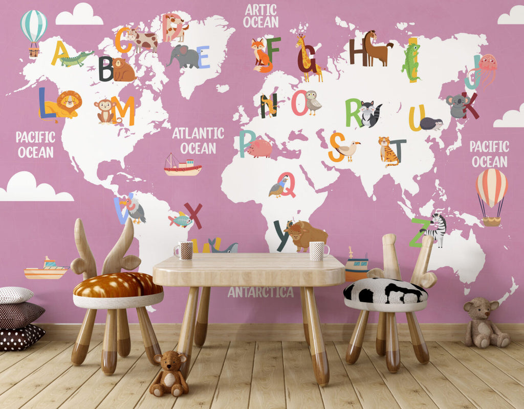 Pink Alphabet World Map Wallpaper : Kids ABC Animal Map Mural Mauve - View 3