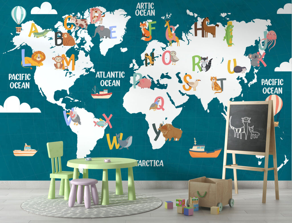 Teal Alphabet World Map Wallpaper : Kids ABC Animal Map Mural - View 5