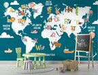 Teal Alphabet World Map Wallpaper : Kids ABC Animal Map Mural - View 5