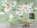 Green Alphabet World Map Wallpaper : Kids ABC Animal Map Mural Sage