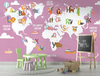 Pink Alphabet World Map Wallpaper : Kids ABC Animal Map Mural Mauve - View 4