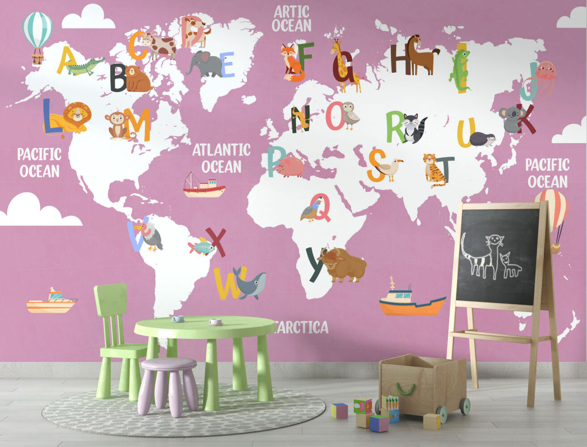 Pink Alphabet World Map Wallpaper : Kids ABC Animal Map Mural Mauve - View 4