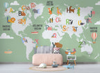 Green Alphabet World Map Wallpaper : Kids ABC Animal Map Mural Sage - View 3