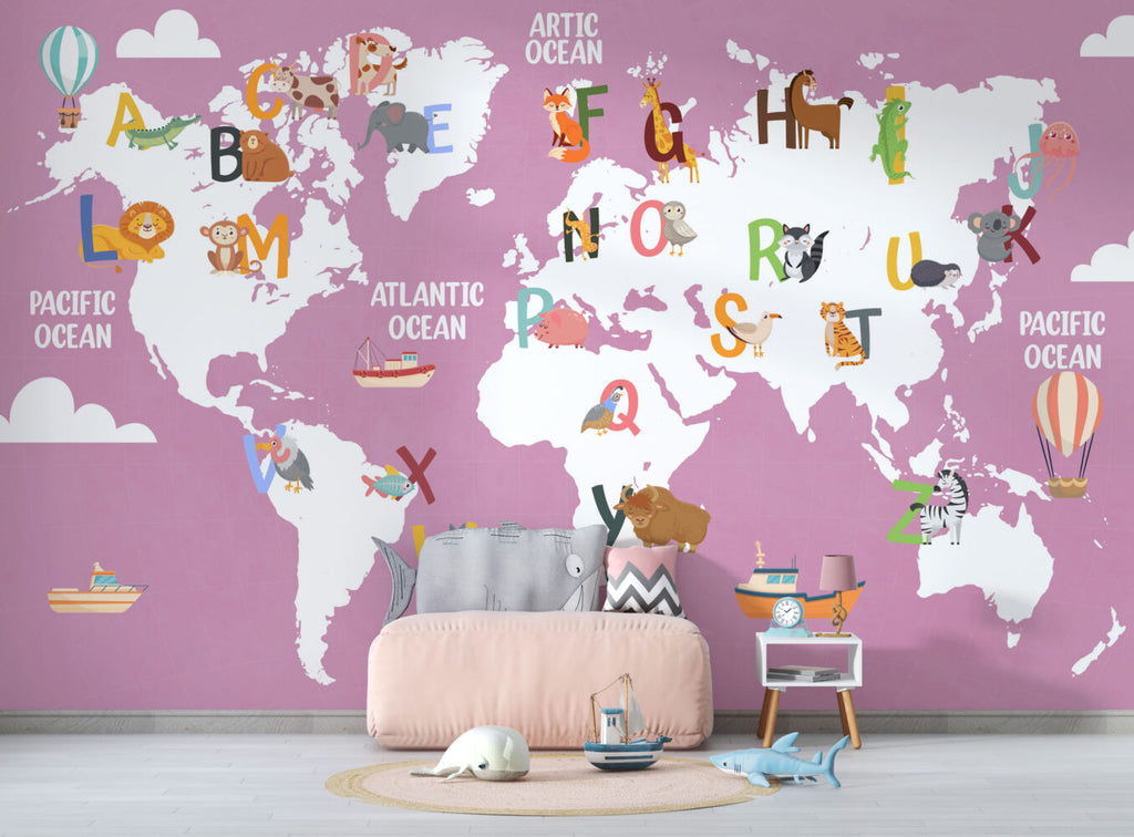 Pink Alphabet World Map Wallpaper : Kids ABC Animal Map Mural Mauve