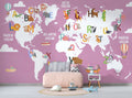 Pink Alphabet World Map Wallpaper : Kids ABC Animal Map Mural Mauve
