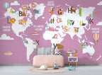 Pink Alphabet World Map Wallpaper : Kids ABC Animal Map Mural Mauve