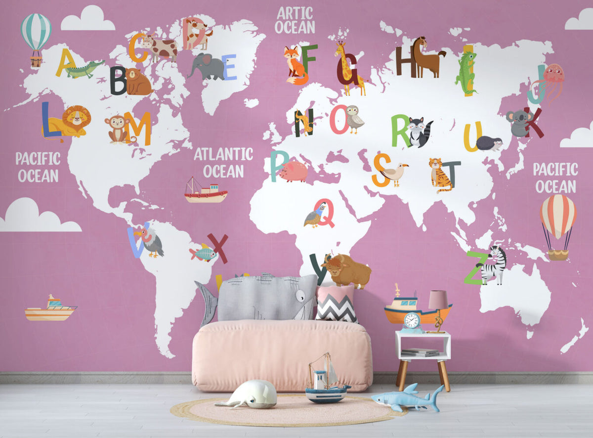Pink Alphabet World Map Wallpaper : Kids ABC Animal Map Mural Mauve