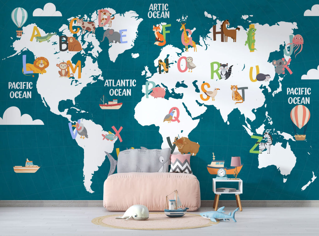 Teal Alphabet World Map Wallpaper : Kids ABC Animal Map Mural - View 3