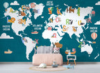 Teal Alphabet World Map Wallpaper : Kids ABC Animal Map Mural - View 3