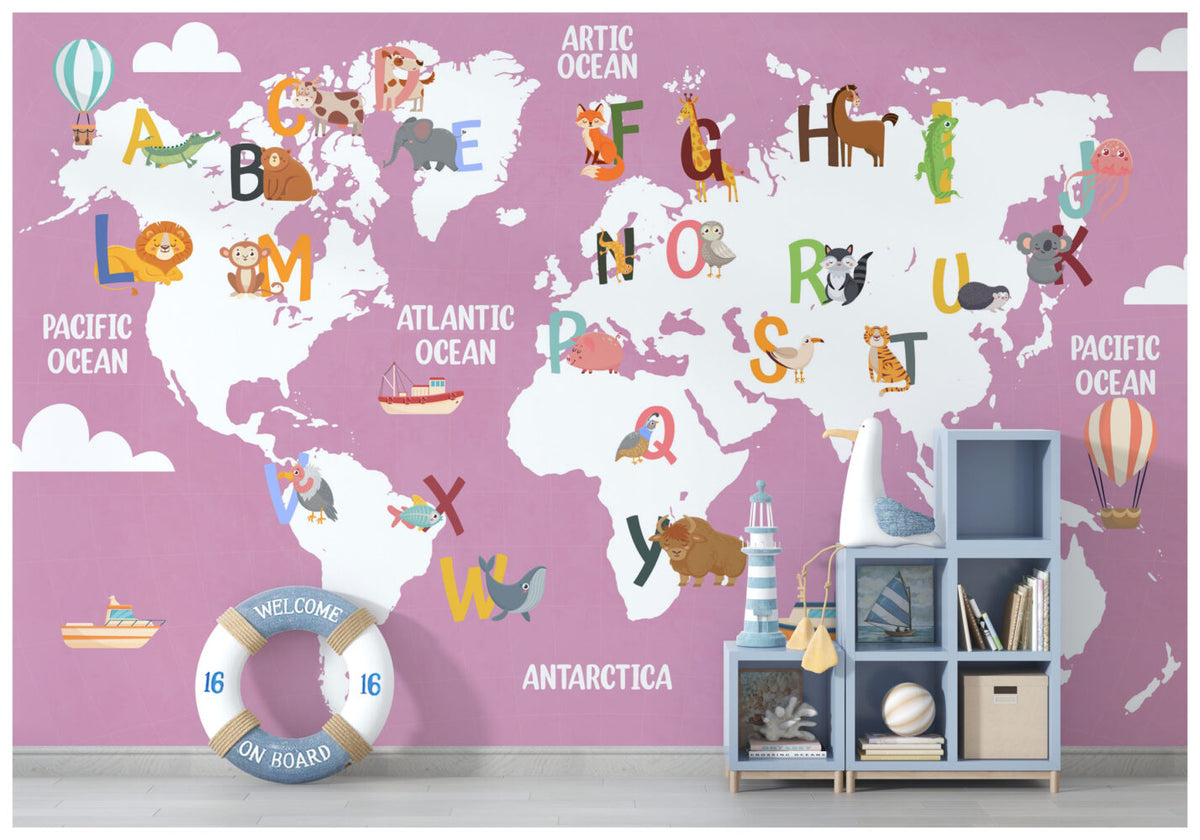 Pink Alphabet World Map Wallpaper : Kids ABC Animal Map Mural Mauve - View 5