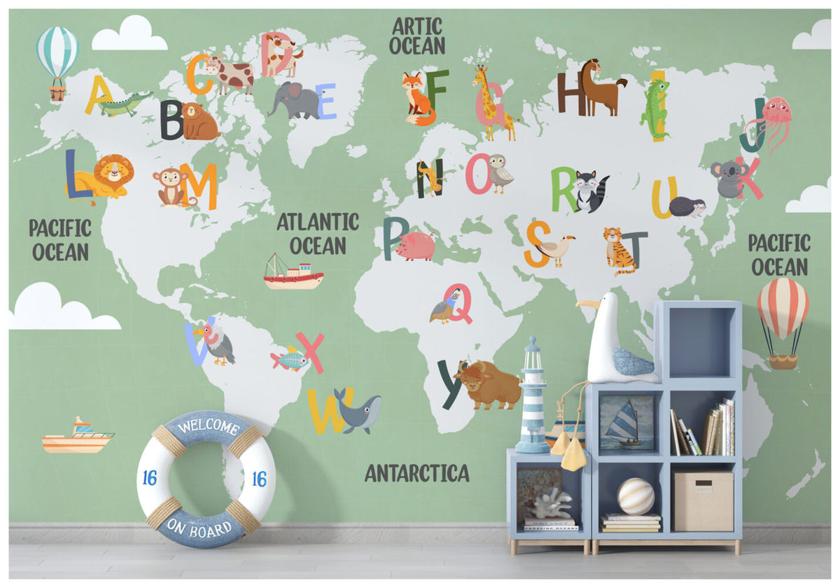 Green Alphabet World Map Wallpaper : Kids ABC Animal Map Mural Sage - View 4