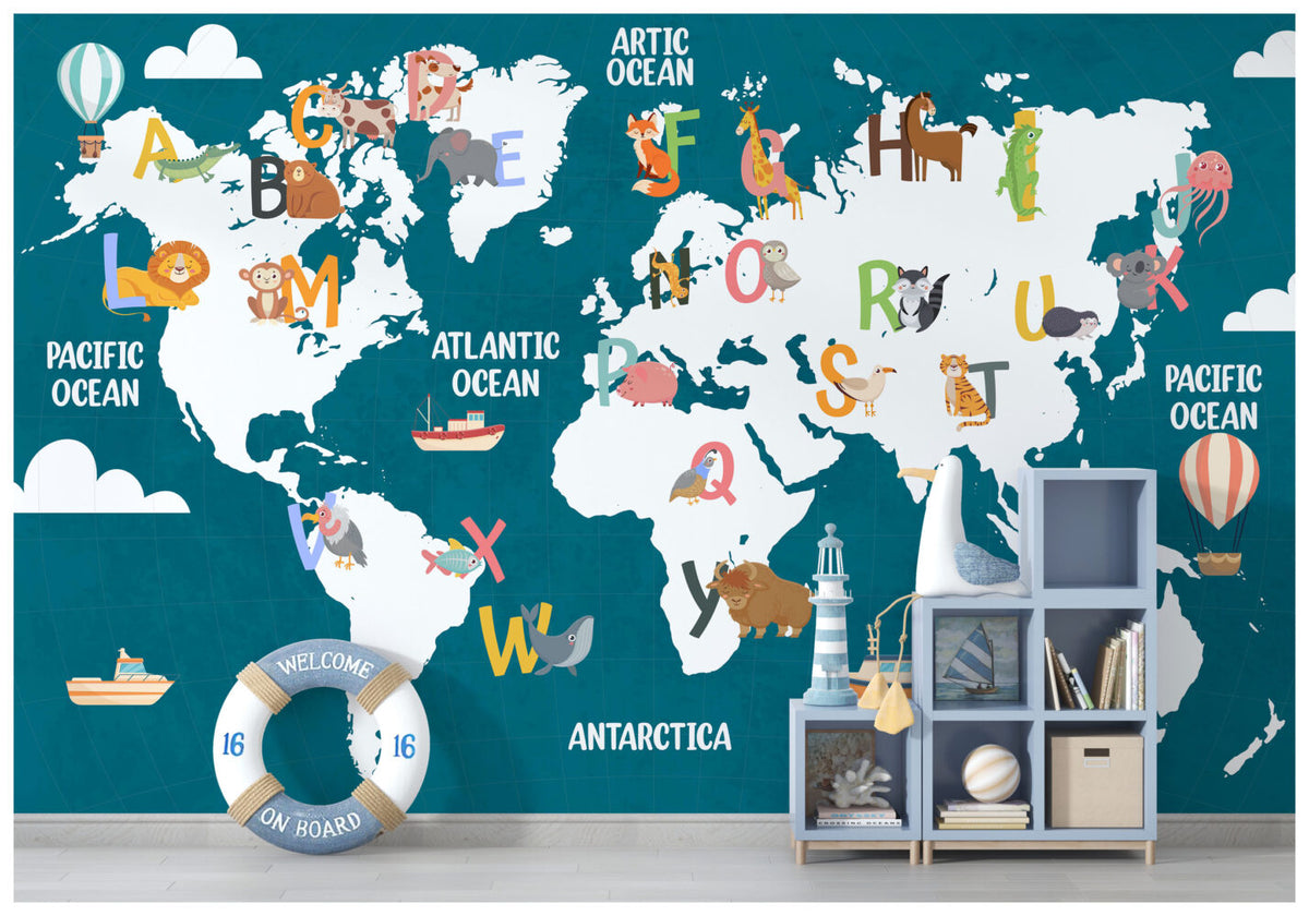 Teal Alphabet World Map Wallpaper : Kids ABC Animal Map Mural - View 4
