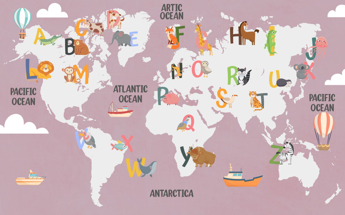 Pink Alphabet World Map Wallpaper : Kids ABC Animal Map Mural Mauve - View 2