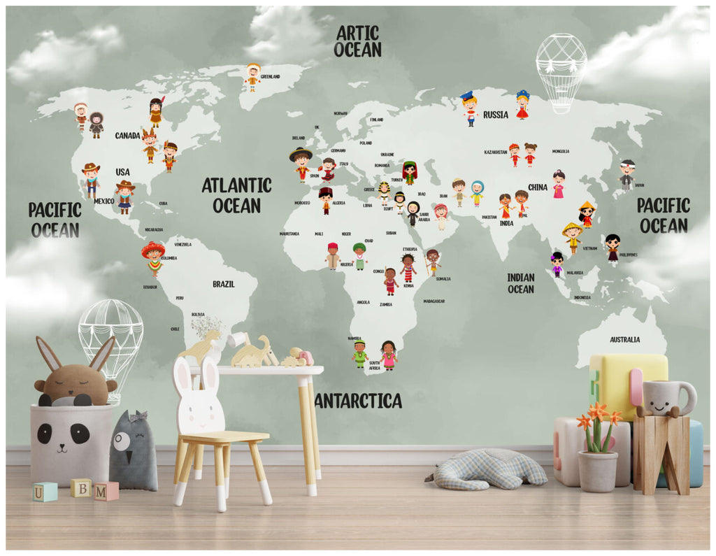 Sage Kids World Map Wallpaper : Children Of The World Mural - View 2
